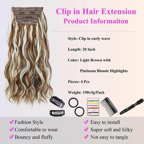 20 Inch Curly Wavy Synthetic Hair Extensions Clip Ins Natural Look Women